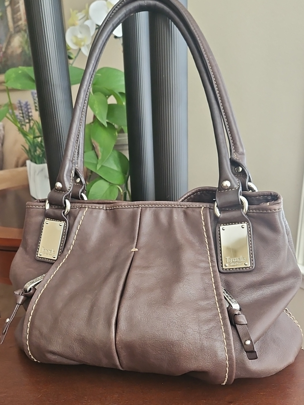 Tignanello Chocolate Brown Leather Top-Handle Slouchy Shoulder Bag